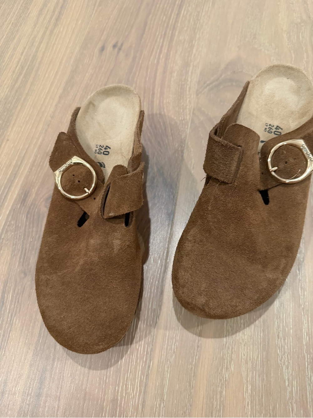 Birkenstock Women’s Brown Suede Slip-On Clogs with Gold Buckle